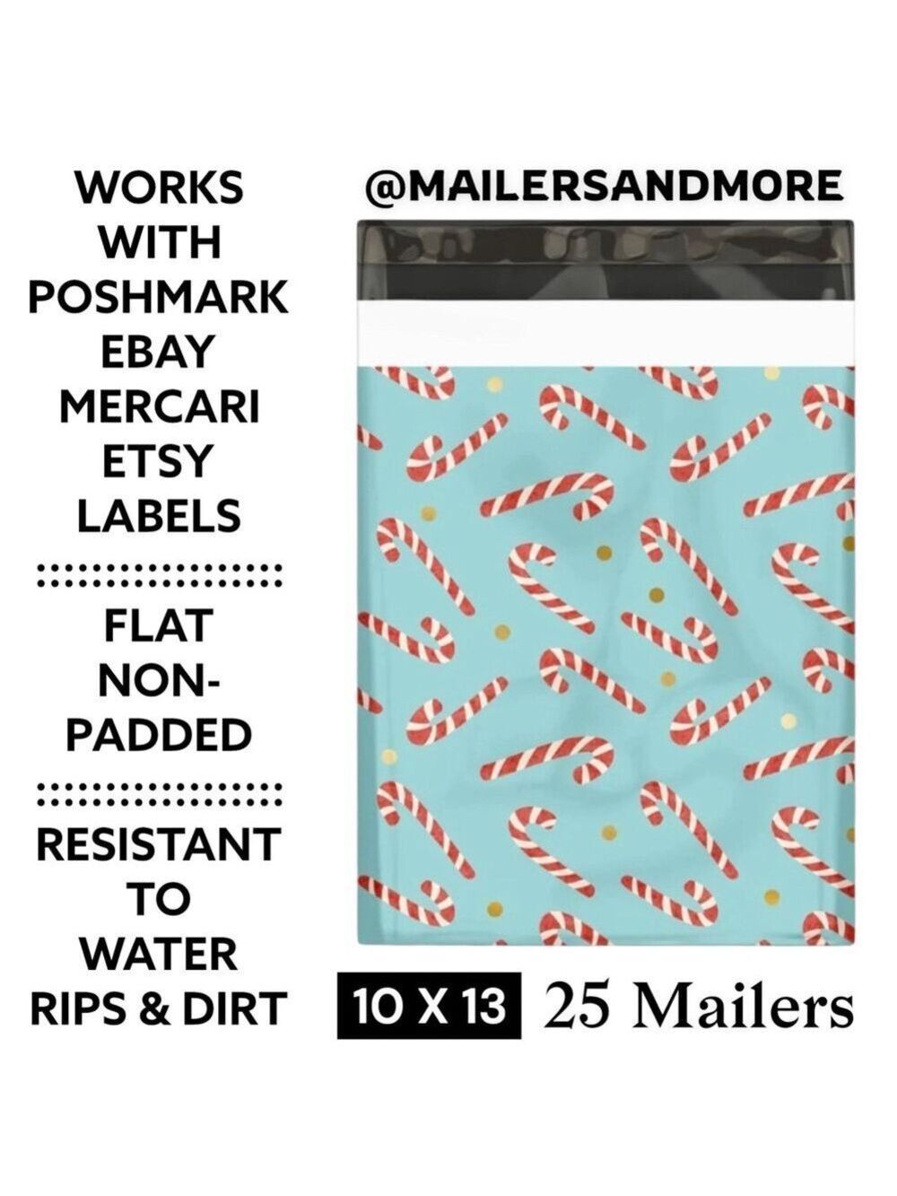 25 10X13 Poly Mailers Candy Canes Gold Dots, Shipping Envelopes PRICE IS FIRM - Picture 3 of 6